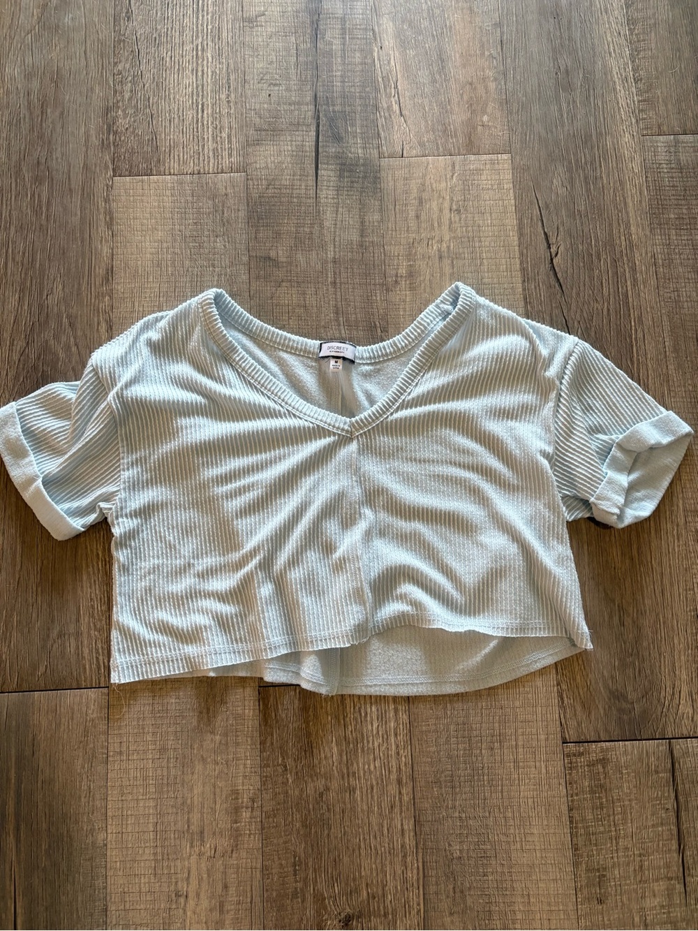 Discreet Pale Blue Ribbed V-Neck Cropped Tee